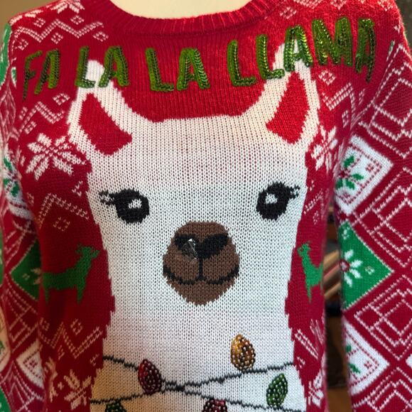 Fa La La Llama Ugly Christmas Sweater, Sequin Lights Red Green, Size Small - Picture 2 of 6